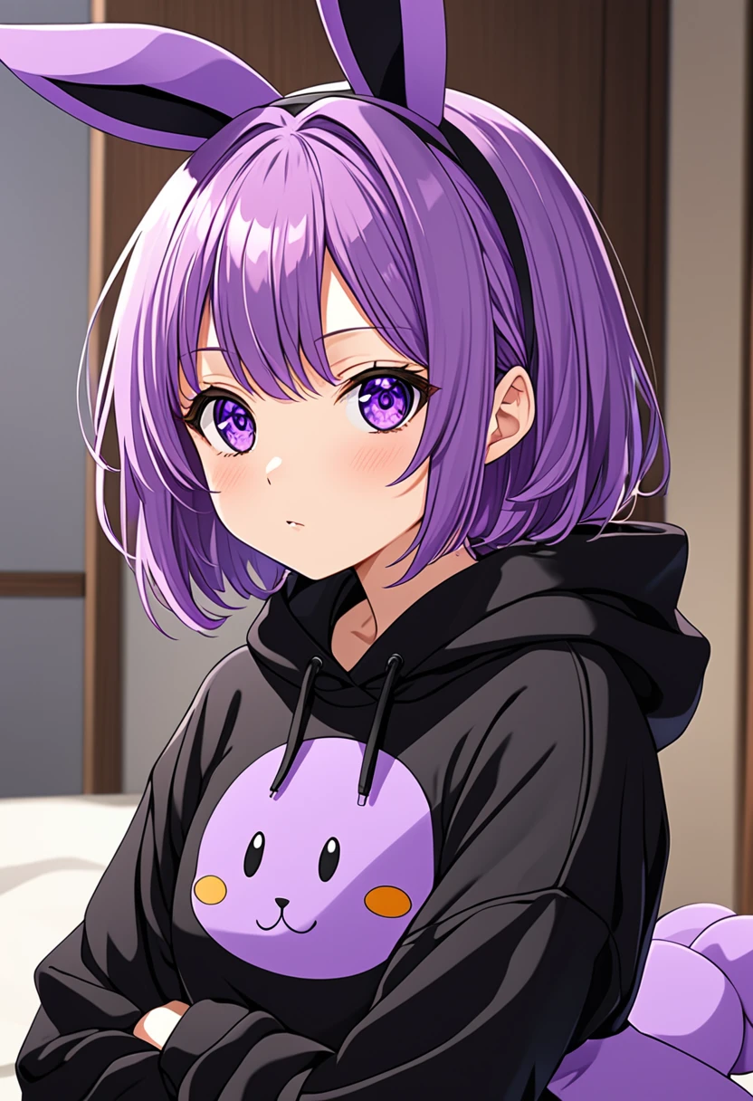  anime girl in black sweatshirt with short purple hair, with big purple bunny ears and purple eyes