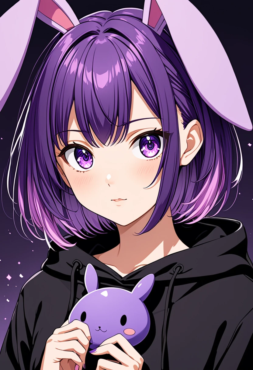 anime girl in black sweatshirt with short purple hair, with big purple bunny ears and purple eyes