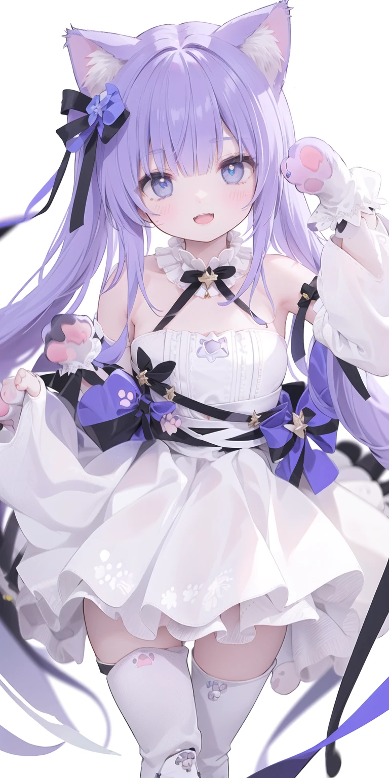 charming ,Long hair,Purple Hair,Close one eye,Smile,open mouth,Logo,Big blue eyes,White ta,Pleated Skirt,Cat ears,Cat'Tail,Hair accessories,(Cat's paw gloves:2.0),(White boots:2.0),Leg ring,(whole body:1.7),stage,Sing,dance,(Paw pose:1.3)