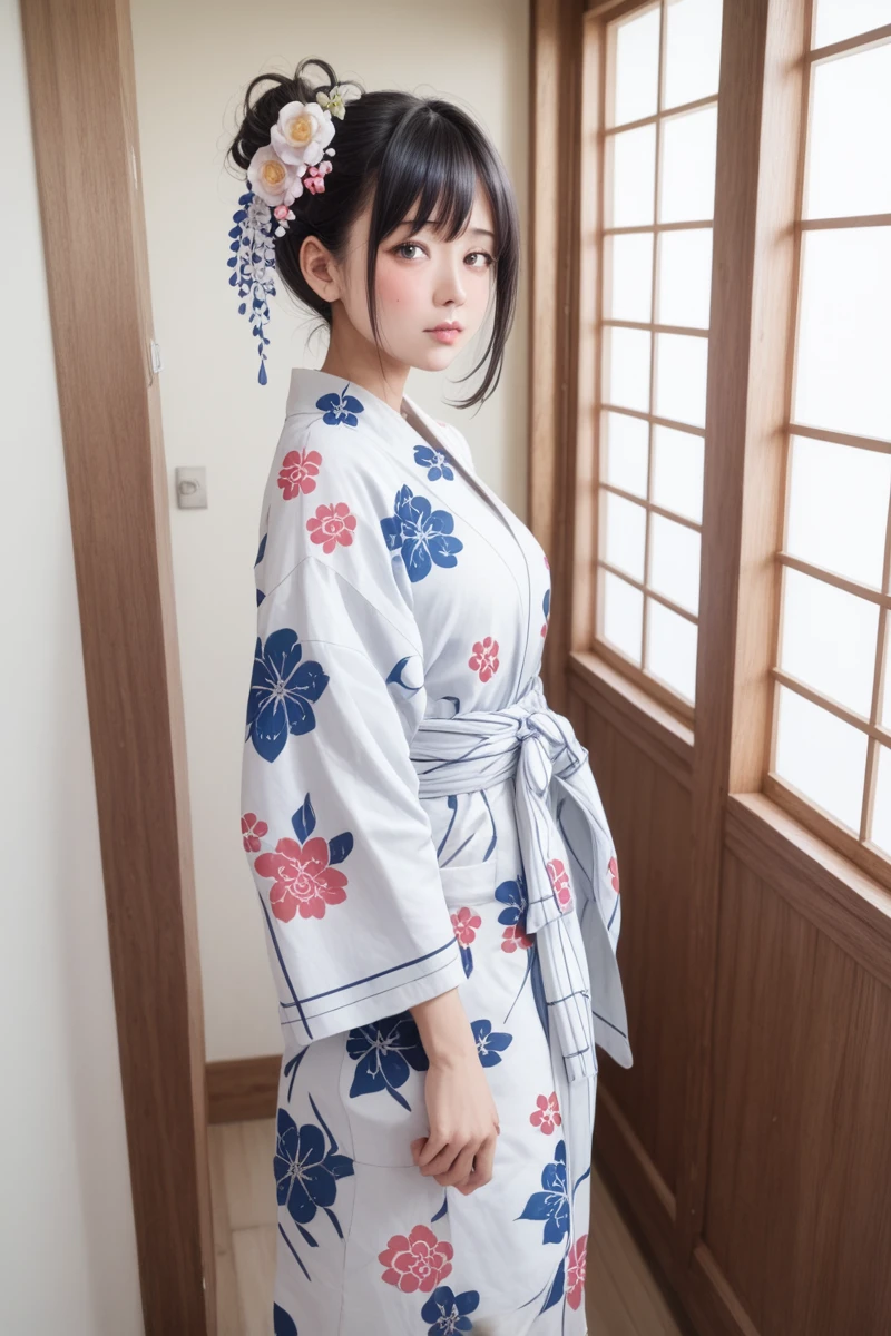 score_9,score_8_superior,score_7_superior,8k, High resolution, 5 years old、beautiful girl, bright black hair, Thin Hair, Small face, cute、Highest quality,Japanese face、small mole on the corner of the eye,((Puffy eyes))、(superior目づかい)、Short Bob、Look at the opponent、Riverbank、口角superiorがる、Beautiful legs、Flower Hair Ornaments、sexy、Sensual、Blushing、A yukata with a white background and bright red, blue and black floral patterns scattered throughout