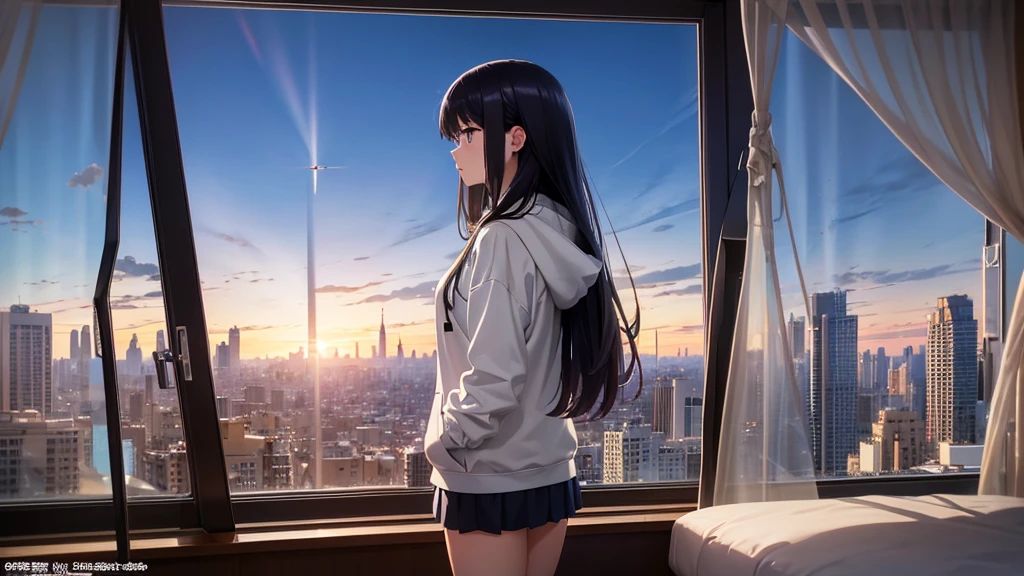 Ultra-high resolution, 8k, (Official Art, beautifully、mysterious:1.2), Anime Art Wallpaper, Works by Makoto Xin Haicheng, Lofi Art Style, Lo-fi feel, Perfect human body engineering, 1 female, Impressive eyes, Oversized hoodie and short skirt, Shiny long black hair, Larger than average bust, Listening to music through headphones, Looking out the window, City Room, A room for music lovers, city view from the window, Impressive cityscape, Bright Sky, meteor, Wide angle, Before dusk