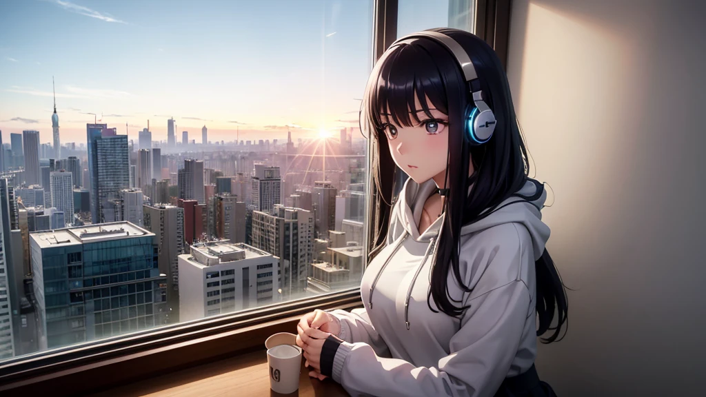 Ultra-high resolution, 8k, (Official Art, beautifully、mysterious:1.2), Anime Art Wallpaper, Works by Makoto Xin Haicheng, Lofi Art Style, Lo-fi feel, Perfect human body engineering, 1 female, Impressive eyes, Oversized hoodie and short skirt, Shiny long black hair, Larger than average bust, Listening to music through headphones, Looking out the window, City Room, A room for music lovers, city view from the window, Impressive cityscape, Bright Sky, meteor, Wide angle, Before dusk