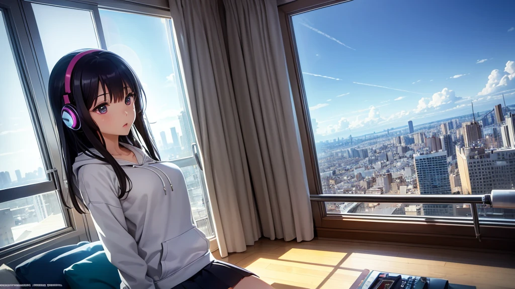 Ultra-high resolution, 8k, (Official Art, beautifully、mysterious:1.2), Anime Art Wallpaper, Works by Makoto Xin Haicheng, Lofi Art Style, Lo-fi feel, Perfect human body engineering, 1 female, Impressive eyes, Oversized hoodie and short skirt, Shiny long black hair, Larger than average bust, Listening to music through headphones, Looking out the window, City Room, A room for music lovers, city view from the window, Impressive cityscape, Bright Sky, meteor, Wide angle, Before dusk