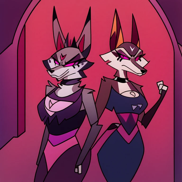 (masterpiece, best quality:1.2), Anubis female hellhounds, a couple of female bodyguards, wolves, furry, helluva boss, hypnotized with glowing purple eyes, angry serious face, wearing futuristic armor, using a Pulse Rifle, Energy Rifle, Futuristic assault rifle, guarding the door of a luxury room background