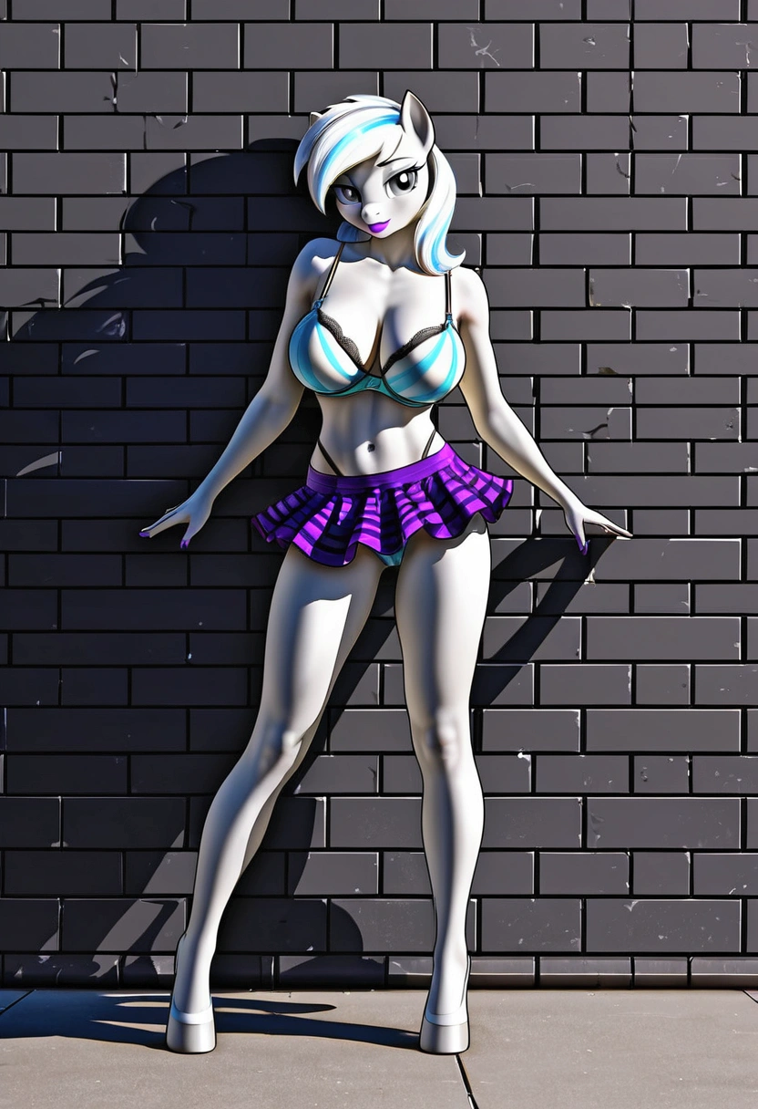 vibrant colors, 8K, high resolution, highly detailed, masterpiece, ((my little pony)), (black striped white hair), (pale white body), (gray eyes), standing, big breasts, beautiful body, purple lips, thong, slave, short patterned skirt, light top, ((slut pose on wall)), street, big bra