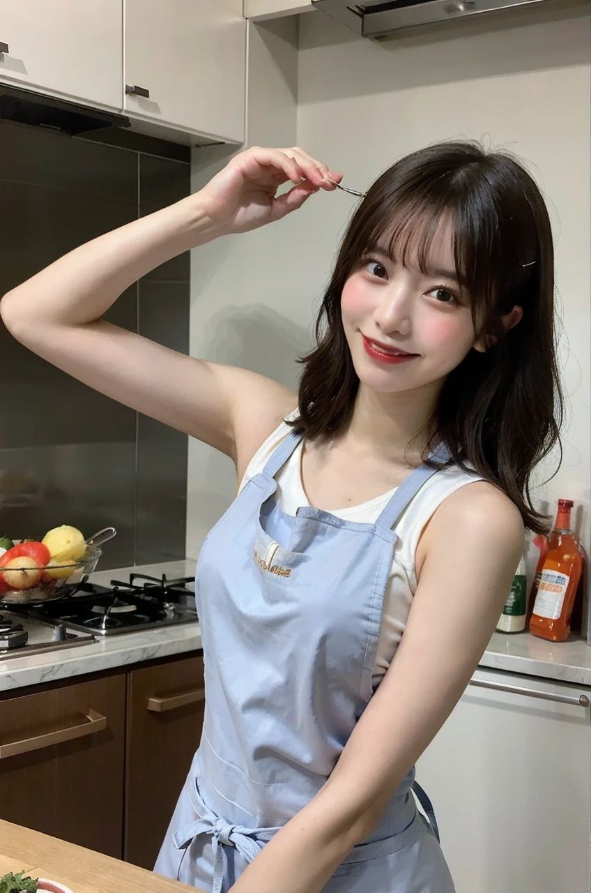 a woman is cooking、(kitchin_apron:1.Wear 3)、Good Hand、4K、hight resolution、​masterpiece、top-quality、cape:1.3、((Hasselblad photo))、Fine skin、sharp focus、(lighting like a movie)、Soft lighting、dynamic ungle、[:(Detailed face:1.2):0.2]、Medium chest、sweats streamed skin:1.2、(((In the kitchen))) Cute smile　Viewer's Perspective　Colossal tits　Tying hair　Sleeveless　Put out your upper arm　Shoulders are sticking out　Cleanliness　Large kitchen　Beautiful kitchen　wine glasses　Show ears