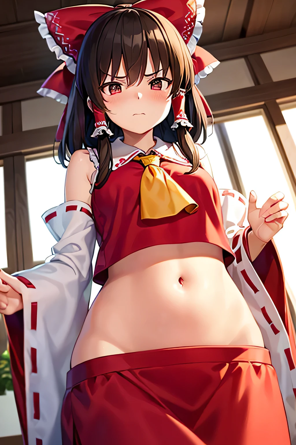 super fine illustration, vibrant colors, masterpiece, sharp focus, best quality, depth of field, cinematic lighting, ultra detailed, blush, annoyed, belly button, navel , tummy, shrine maiden, hakurei reimu, 1girl, hair bow, ascot, hair tubes, detached sleeves, looking down, red shirt, red skirt, very long hair, very messy hair, dark brown hair, indoors, mature woman, ,hakurei reimu, 1girl, hair bow, ascot, hair tubes, miko, detached sleeves,Reimu Hakurei,