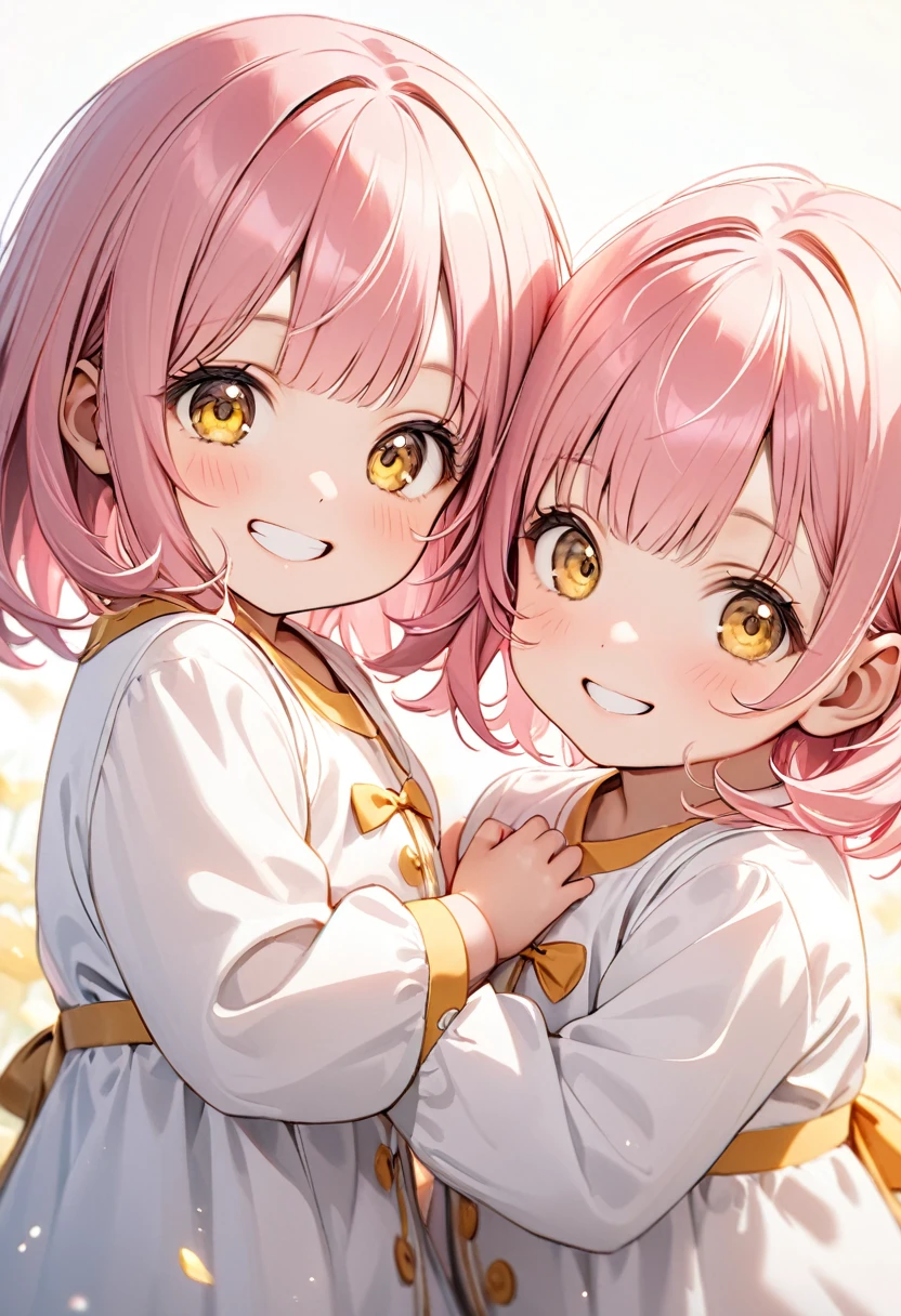 8k, 2 twin baby girls, both with pink hair, full bangs, yellow eyes, cheerful grin, white clothes, soft light background