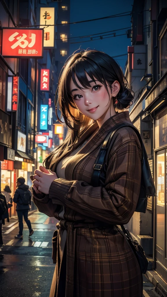 1 girl, Tokyo Street,night, Streetscape,City lights,Upper Body,close,smile,, (8k, RAW Photos, Highest quality, masterpiece:1.2),(Realistic, photo-Realistic:1.37),