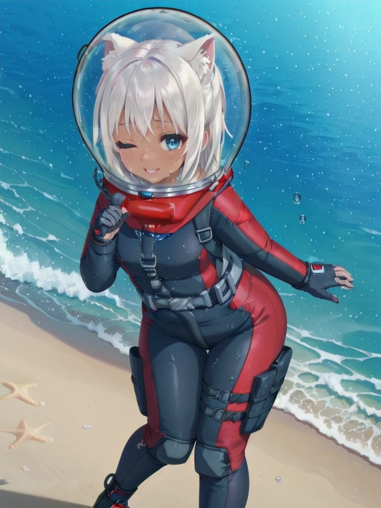 Highly detailed CG, 8k wallpaper, best quality, masterpiece, higher eyes and nose, very delicate and beautiful, beautiful, detailed,, (blue eyes: 1), (beautiful hands), (beautiful fingers) , , necklace (water:1.6), (beach:1.5), (messy hair:1.5), (leaning forward:1), looking at the viewer, (smile:1.3), (one eye closed:1.2) , (sweating), (beautiful toes), (6 years old:1.5), (1girl), (ash white hair:1.5),(middle hair:1 ), (dark skin: 1.4), (thigh circumference: 1.3) , beautiful, narrow waist, white thigh highs, narrow waist, thighs, wide hips, eyeliner, eyelashes, perfect face, detailed eyes, (dark skin : 1.5),,,(spacesuit: 1.15) , white cargo pants, astronaut )bubble helmet, space helmet, space helmet, CAT EARS, bubble helmet, eva helmet,