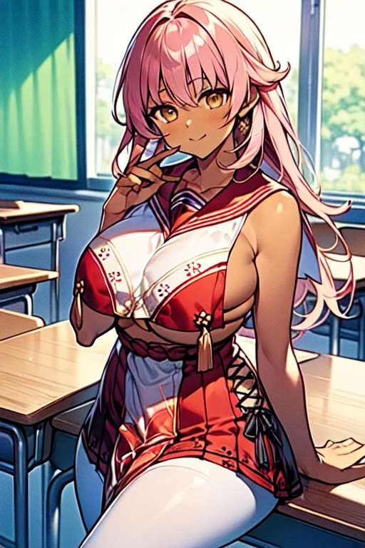 masterpiece, Highest quality, Very detailed, Anime art style, One girl, alone, (Dark brown skin:1.6), Fuxuan, (Large Breasts:1.8), (((Pink Hair, Long Hair, Brown eyes))), Lips parted, (((Costumes - Camellia, Red Sailor Collar, Chest curtain, Red Skirt, Elbow hand pockets, White Pantyhose))), A light smile, (Mouth closed), ((Sitting at the table, classroom))