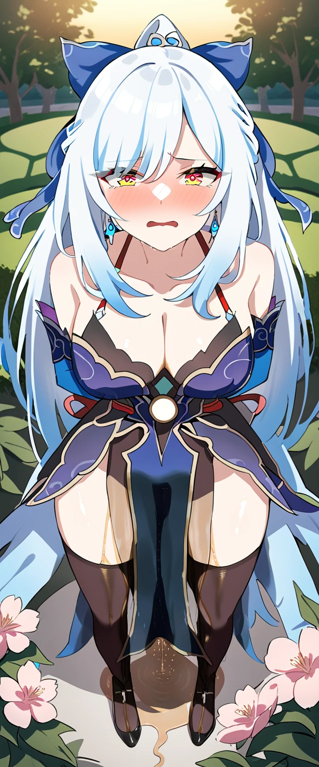 (masterpiece:1.37), best quality, (extremely detailed:1.37), (1girl:1.5), woman, (mature:1.5), (adult:1.5), jingliu, white hair, long hair, ponytail, hair ribbon, red eyes, earrings, jewelry, dress, pantyhose, (pelvic curtain:1.5), (extremely detailed eyes:1.37), (wetting self:2.0), desperation, standing, embarrassed, humiliation, blushing, angry, cherry blossoms, garden, (golden hour:1.5), full body, arms crossed