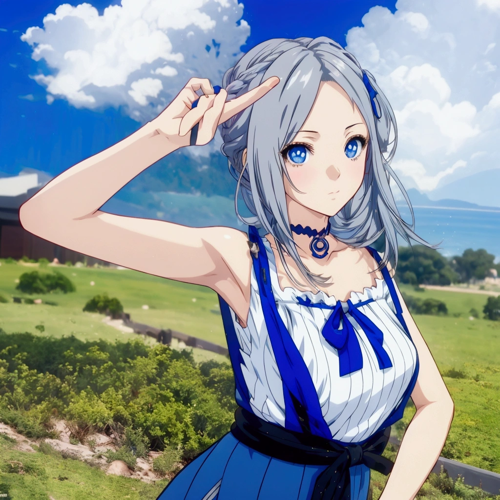 Anime girl with gray hair and blue clothes pointing at something, Realistic Anime 3D Style, Cute 3D anime girl render, Realistic young anime girl, Anime Style3D, Anime Style, Realistic anime art style, Anime Styleに, , Semi-realistic anime style, Smooth anime CG art, April Rendering, Photorealistic anime girl rendering