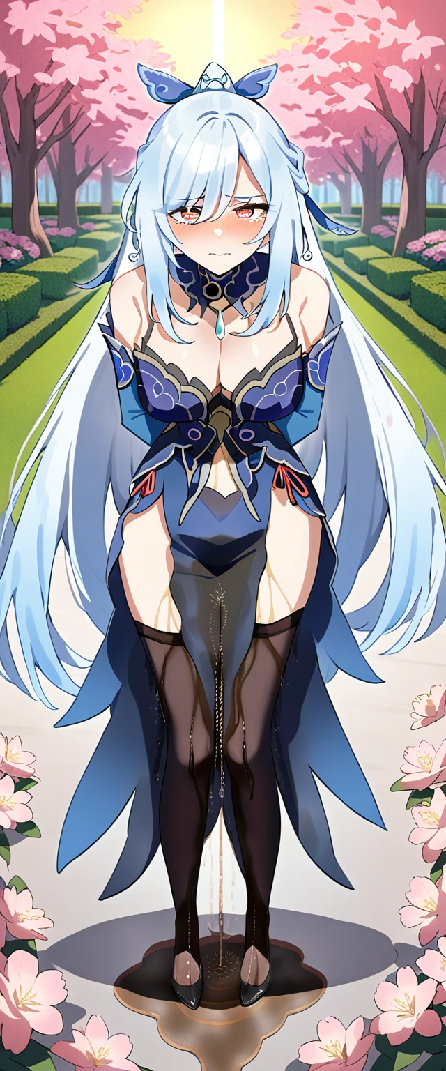 (masterpiece:1.37), best quality, (extremely detailed:1.37), (1girl:1.5), woman, (mature:1.5), (adult:1.5), jingliu, white hair, long hair, ponytail, hair ribbon, red eyes, earrings, jewelry, dress, pantyhose, (pelvic curtain:1.5), (extremely detailed eyes:1.37), (wetting self:2.0), desperation, standing, embarrassed, humiliation, blushing, angry, cherry blossoms, garden, (golden hour:1.5), full body, arms crossed