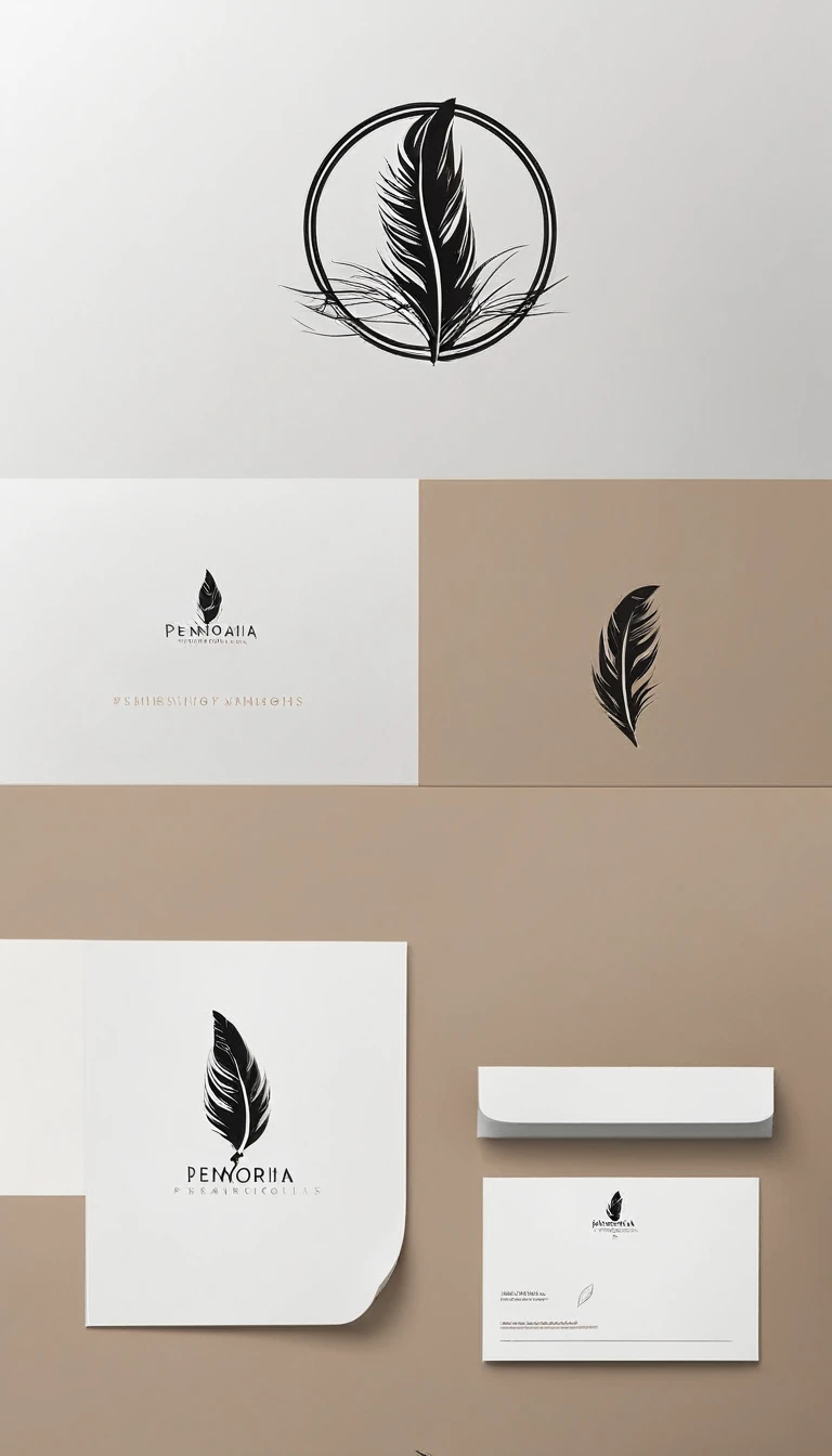 A minimal, modern, simple, cinematic logo design for the brand “Penamemoria". Create a modern, minimalistic, high-quality, logo of a feather of memories