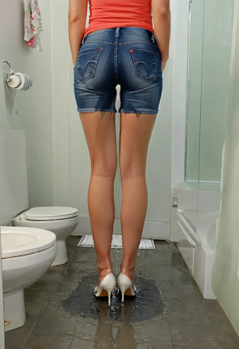 ((rear view)), londe woman, green eyes, inviting smile, Levi's Curve skinny jeans, high heel pumps, tank top, peeing shorts, pee runs down legs into shoes, pee puddles around shoes, pee stains are gleaming wet, shoes are soaking wet, standing in a bathroom, ((rear view)), lower legs of her jeans are soaked