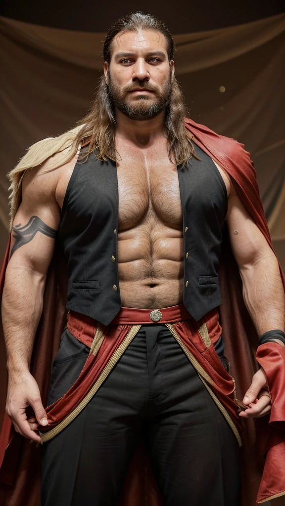 generates a man, very handsome, with marked and perfect fractions with long hair and a short beard, his body is muscular and very hairy, he is very sweaty all over his body, he is wearing a bullfighter's suit, his vest is unbuttoned, revealing a little his abdomen, he has a very large red cape in his hand, which hangs and next to him there is a bull (animal), a very large black bull, he is in a space full of sand, and around him there are many people applauding
