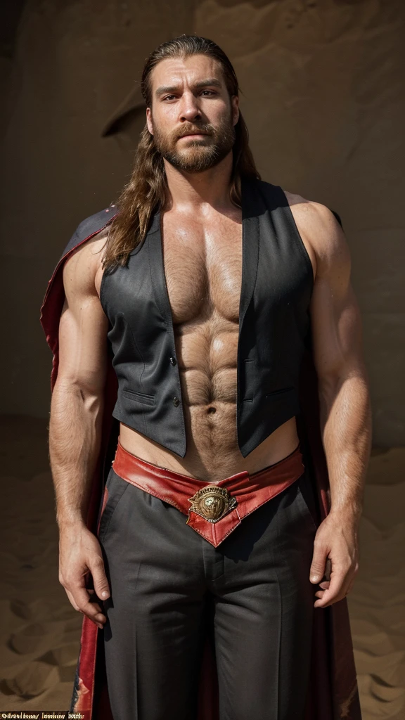 generates a man, very handsome, with marked and perfect fractions with long hair and a short beard, his body is muscular and very hairy, he is very sweaty all over his body, he is wearing a bullfighter's suit, his vest is unbuttoned, revealing a little his abdomen, he has a very large red cape in his hand, which hangs and next to him there is a bull (animal), a very large black bull, he is in a space full of sand, and around him there are many people applauding