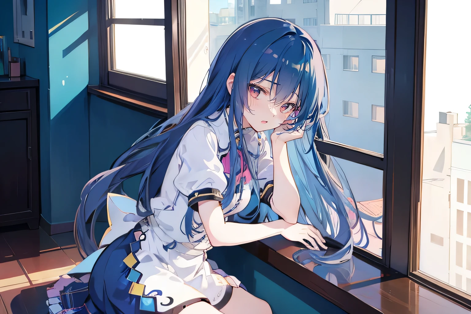 Anime Girl sitting on window sill drinking coffee and looking out the window, (Anime Girl), Anime cute art style, seductive Anime Girl, Beautiful anime high school, Cute girl anime visual, Night Core, Best Girl in Anime, young Anime Girl,dark blue long hair,Sit by the window