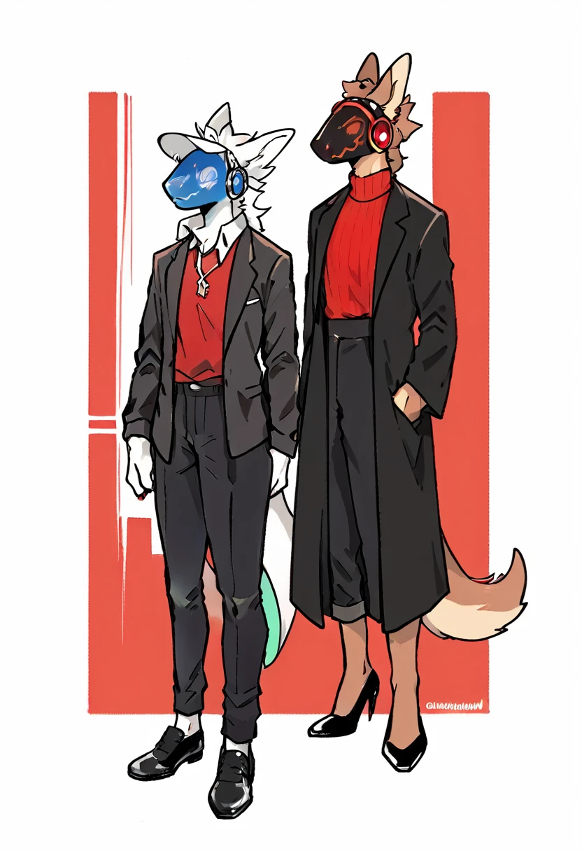 Deep chestnut brown furry protogenic furry in a fiery red sweater, elegant black dress pants, black shoes, elegant black jacket and red protogen visor details