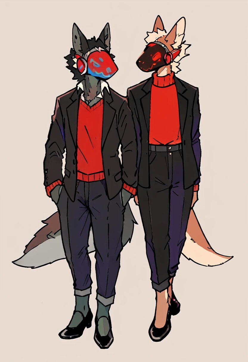 Deep chestnut brown furry protogenic furry in a fiery red sweater, elegant black dress pants, black shoes, elegant black jacket and red protogen visor details