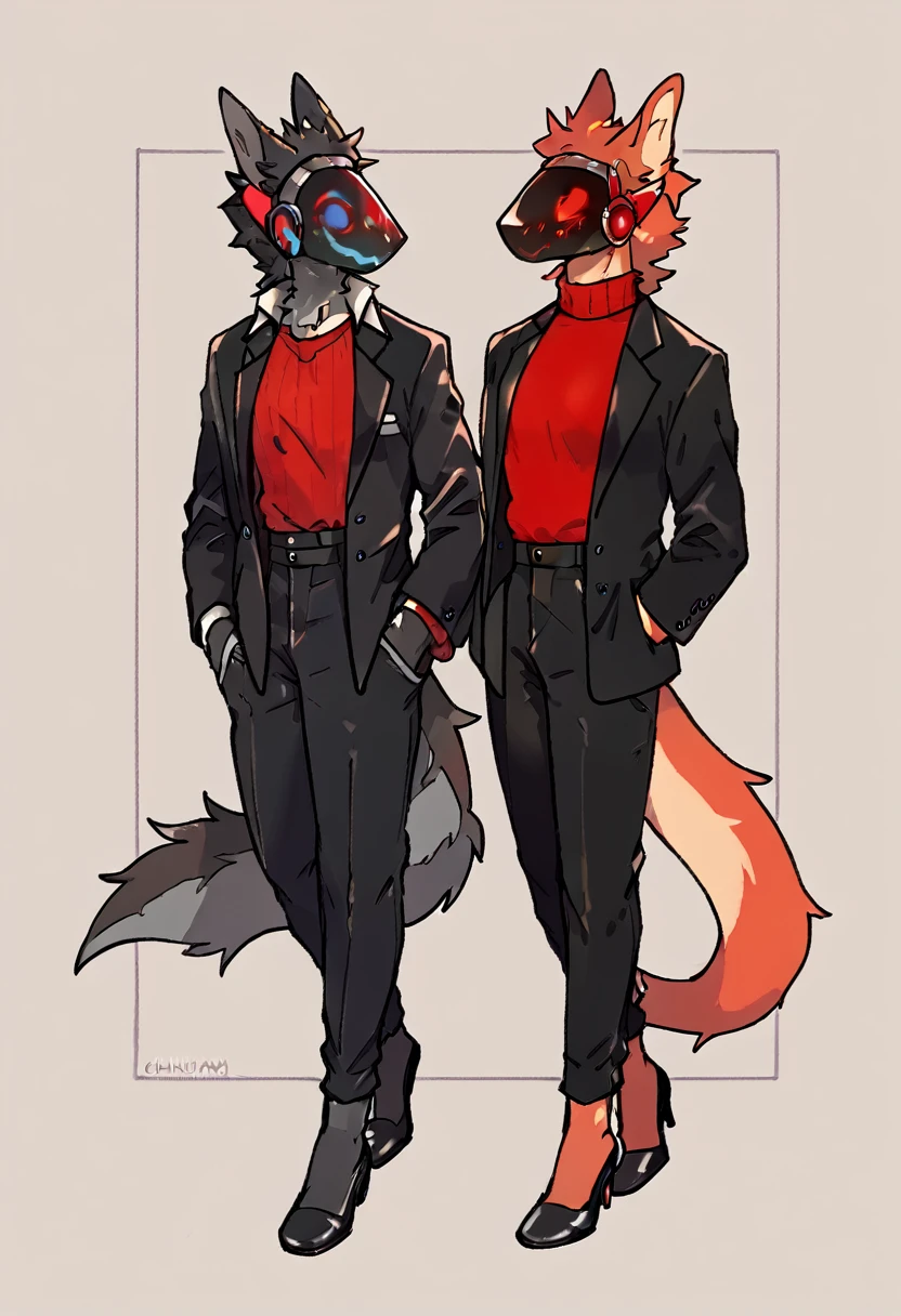 Deep chestnut brown furry protogenic furry in a fiery red sweater, elegant black dress pants, black shoes, elegant black jacket and red protogen visor details