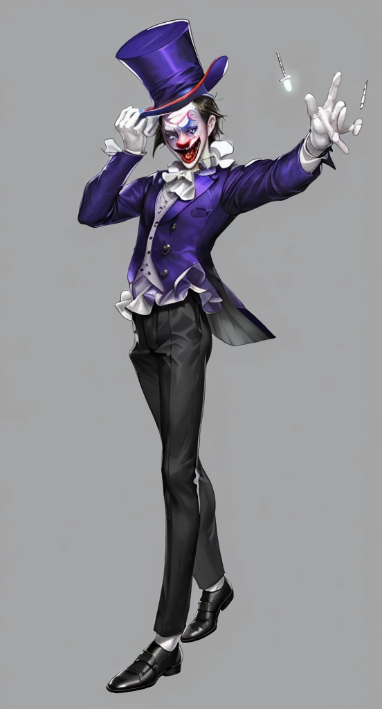 Official Art, masterpiece, Clear focus, Extremely detailed, (Side Light:1.2), clown,Suit,crazy,male,whole body,mystery,magician帽,Suit外套,Vest,leather shoes,wear gloves,magician,weird,