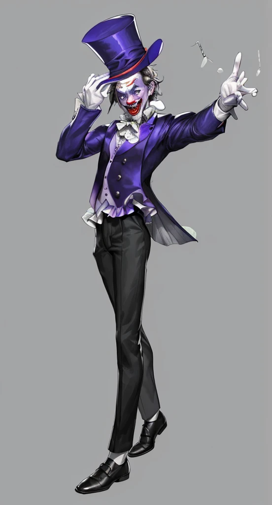 Official Art, masterpiece, Clear focus, Extremely detailed, (Side Light:1.2), clown,Suit,crazy,male,whole body,mystery,magician帽,Suit外套,Vest,leather shoes,wear gloves,magician,weird,