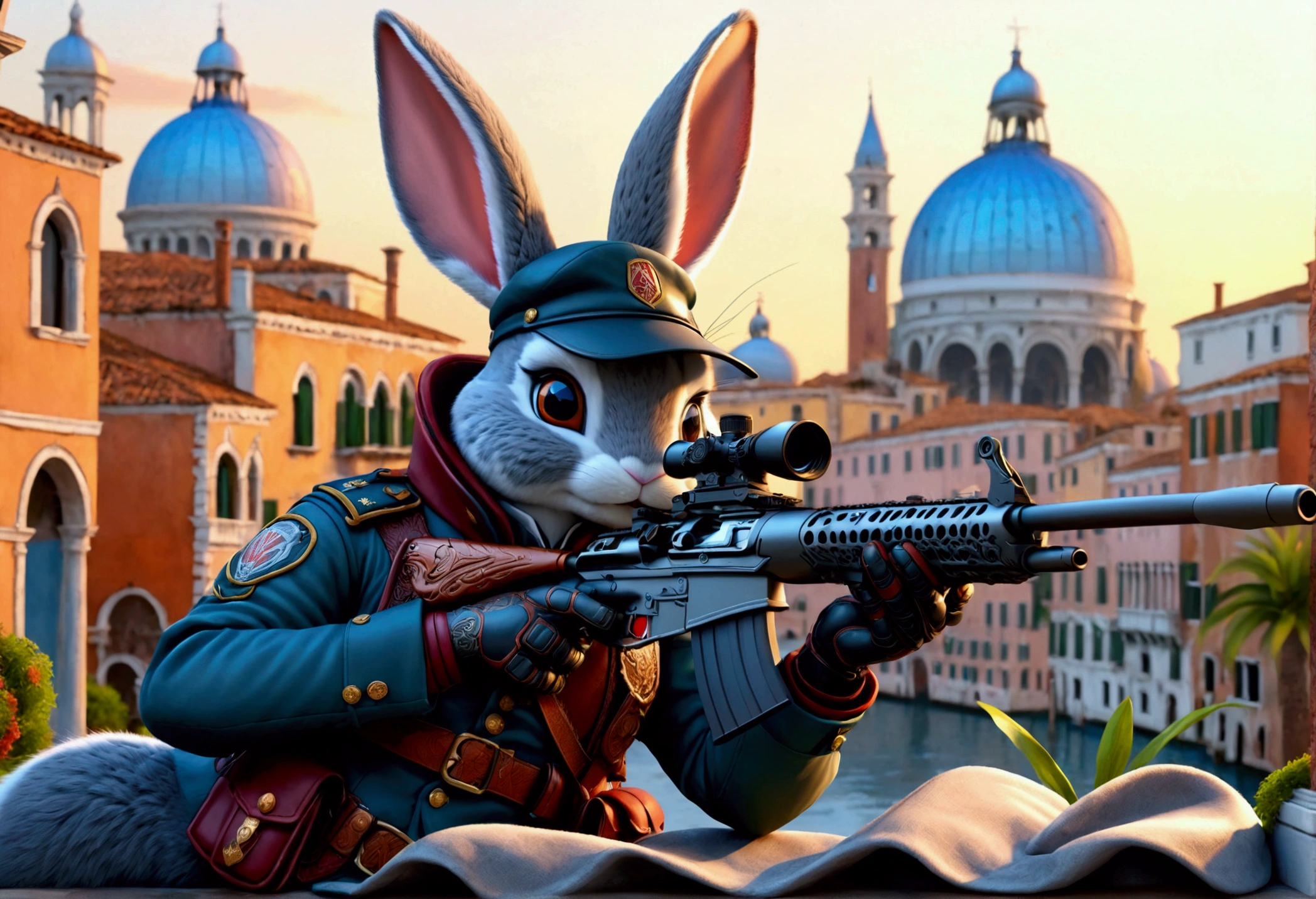 (Close-up of anthropomorphic bunny sitting on edge of roof and aiming with elite sniper rifle:1.3), (rifle has ornate golden handle:1.1), (stylish high-neck military jacket:1.1), white-pink clothes, (leather gloves, cool glasses:1.1), (pants with pockets:1.2), (background is futuristic crystal towers:1.1), (beautiful romantic cloudy twilight:1.2), (futuristic architecture with intricate otherworldly design:1.2), bright colors, masterpiece in maximum 16K resolution, best quality, ultra detailed, aesthetics, absurdes.
