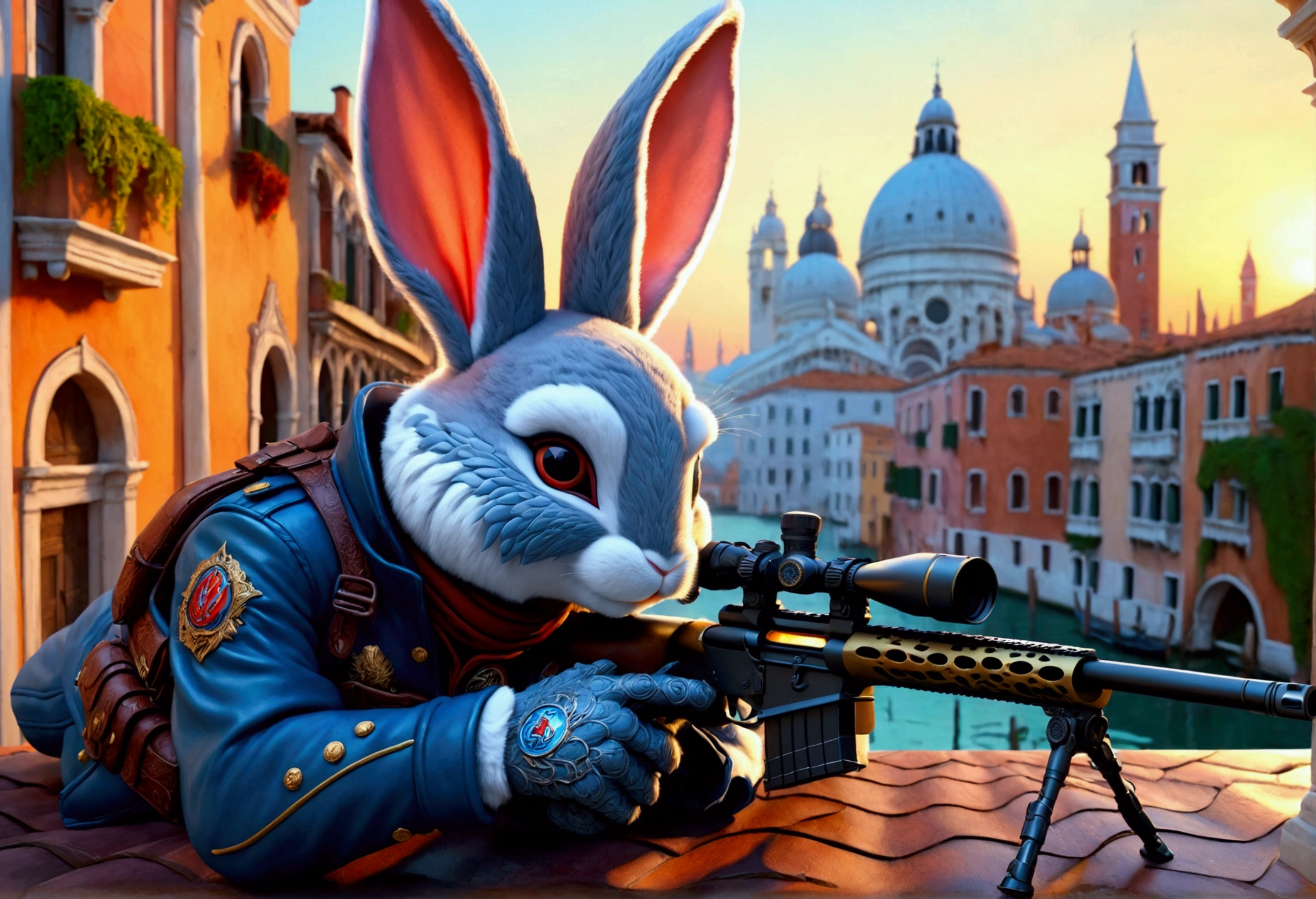 (Close-up of anthropomorphic bunny sitting on edge of roof and aiming with elite sniper rifle:1.3), (rifle has ornate golden handle:1.1), (stylish high-neck military jacket:1.1), white-pink clothes, (leather gloves, cool glasses:1.1), (pants with pockets:1.2), (background is futuristic crystal towers:1.1), (beautiful romantic cloudy twilight:1.2), (futuristic architecture with intricate otherworldly design:1.2), bright colors, masterpiece in maximum 16K resolution, best quality, ultra detailed, aesthetics, absurdes.
