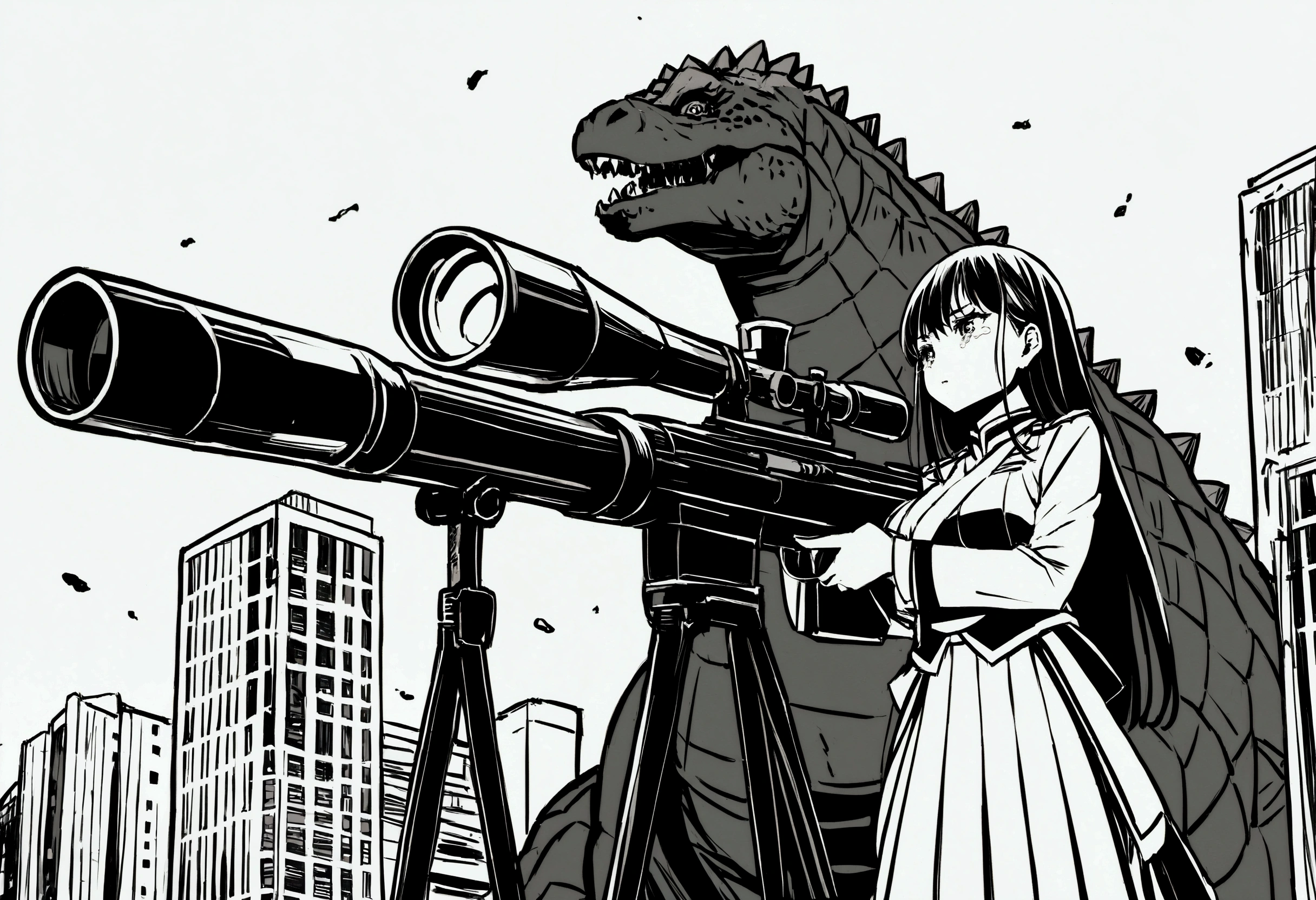 A woman in japanese MONARCH uniform is on a damaged skyscraper, she is crying and aiming a huge sniper rifle at Godzilla, Tokyo