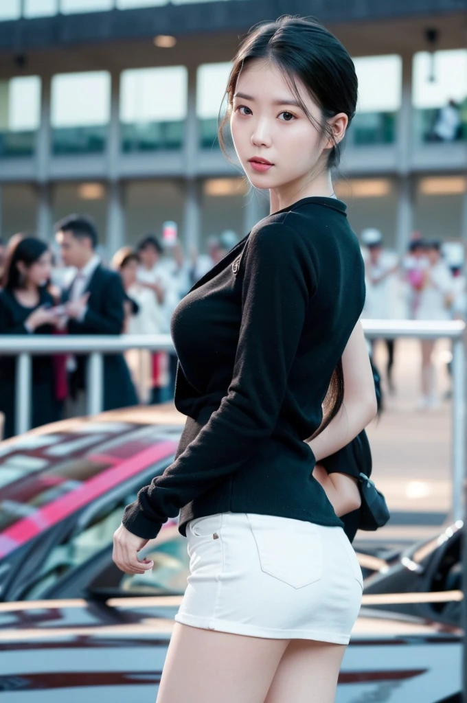 (8k, best quality, masterpiece, super fast:1.2) Beautiful pictures of pretty Japanese girls, Beautiful seductive fashion modern painting, looking at viewer, ((sunset background)), (1 woman), (White see-through shirt long sleeves), ((Black short denim skirt)), ((bite)),black hair, medium hair, High-angle photo of gorgeous woman, realistic skin texture, I look up, (nudity), round chin, 50mm art lens, F 1. 2, sharp focus, 8k 고화질, incredibly detailed, convoluted, elegant, D-cup breasts, dynamic pose, , deep division