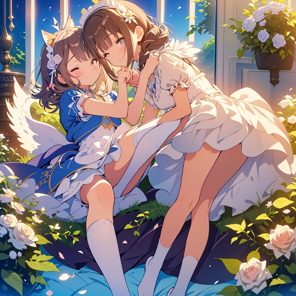 kawaii, anime, Cute, hyper quality, highly detailed, 8k, Front facing, Clarity, dark brown long hair, smile, white rose, Set in Alice's Wonderland, planted white roses, white rose petals are dancing, Draw facial expressions in detail, striped overknee socks, Alice's maid costume with big ribbon, mark with sue, playing cards, clock, fairy tale, fantasy, shine of light, highlight on eyes, close your eyes and smile, The bodies of the two sisters dance, Gradation of evening and night sky, full moon and crescent moon, whole body, Twisted trees of different sizes, twisted ivy, Both sisters have long dark brown hair., white roses bloom, white rose petals, small angel wings on the back, striped long socks, The sky dyed in twilight, rising ground, ribbon headband, undulating rose thorns,