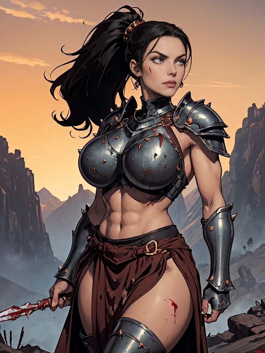 (masterpiece, top quality, best quality, official art, beautiful and aesthetic:1.2), (1girl:1.3), ((Sharp facial features, sharp features, hawkish features)), ((pale skin, orange eyes, big hair, long black hair, ponytail)), big tiddy chaos warrior girl, extremely detailed, portrait, looking at viewer, solo, (full body:0.6), detailed background, full-body shot, (hot desert mountain theme:1.1), chaos warrior, (spiky helmet), charlatan, smirk, mysterious, swaying in mountains, armor, red metal, brass trim, long boots, blood red fabric, pelvic curtain, loincloth, black leather, ((((spear, heavy armor, blood, blood splatter, armored, gigantic breasts, long legs, pelvic curtain, toned, muscular)))), cute belly button, toned tummy, slim waist, slim hips, long legs, medieval (mountain exterior:1.1) background, dark mysterious lighting, shadows, magical atmosphere, dutch angle
