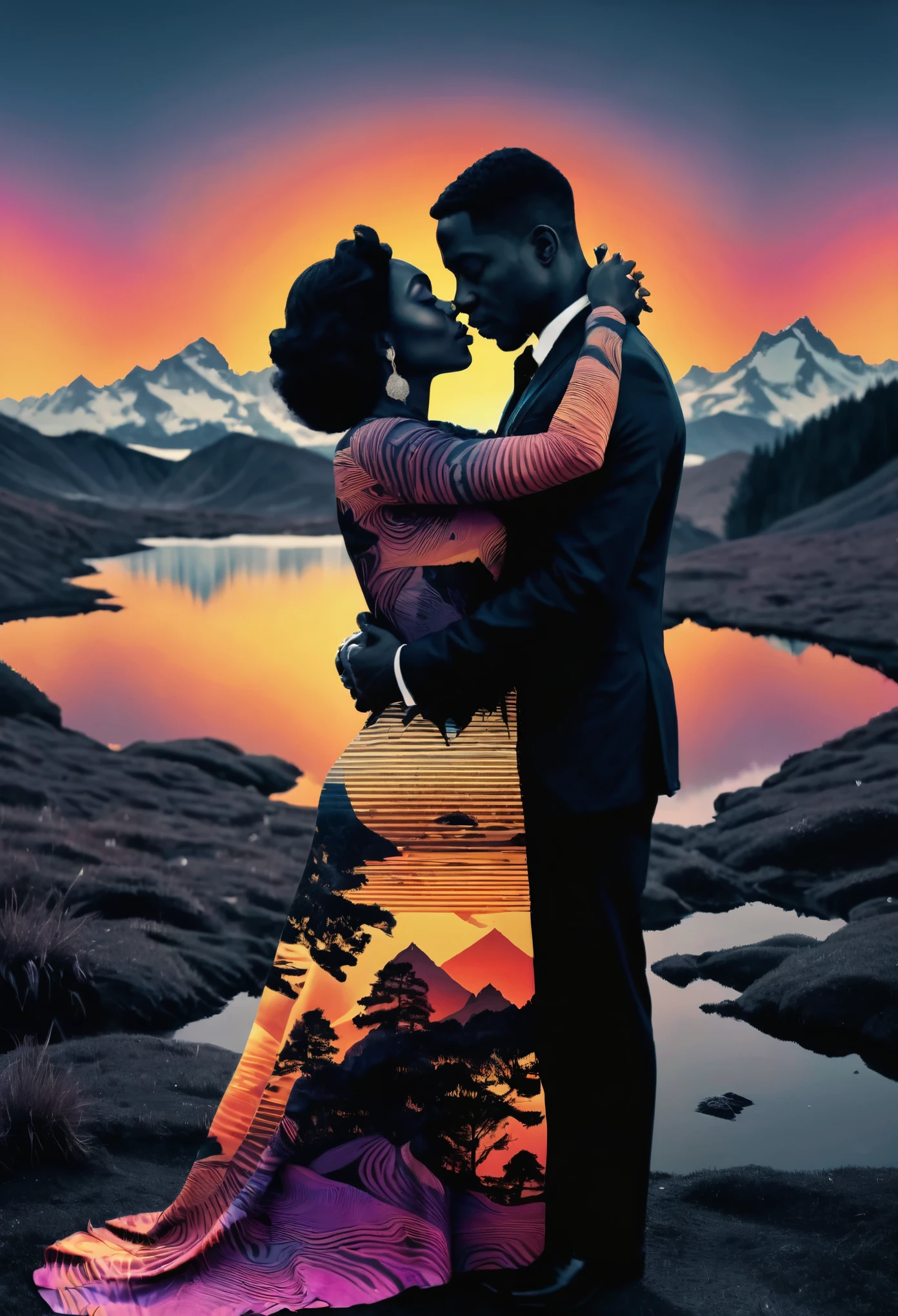 Immerse yourself in the captivating world of double-exposure psychedelic photography. This double exposure photography prompt showcases a captivating double exposure photograph. In this visual masterpiece, we witness the seamless fusion of two contrasting elements. The first subject is the front layer of a black couple a black woman hugging her husband and the second layer presents the background subject psychedelic vibrant landscape, sunrise, forests and heart shapes In this image prompt, witness the harmonious coexistence of two realms, brought to life through clean, sharp focus against a pristine white background. The colors are vivid, the focus is razor-sharp, and the composition is flawlessly balanced.