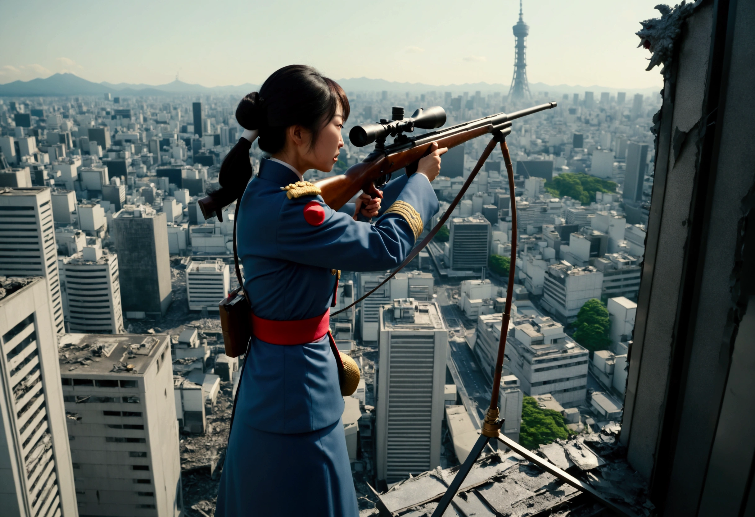 A woman in japanese MONARCH uniform is on a damaged skyscraper, she is crying and aiming a huge sniper rifle at Godzilla, Tokyo