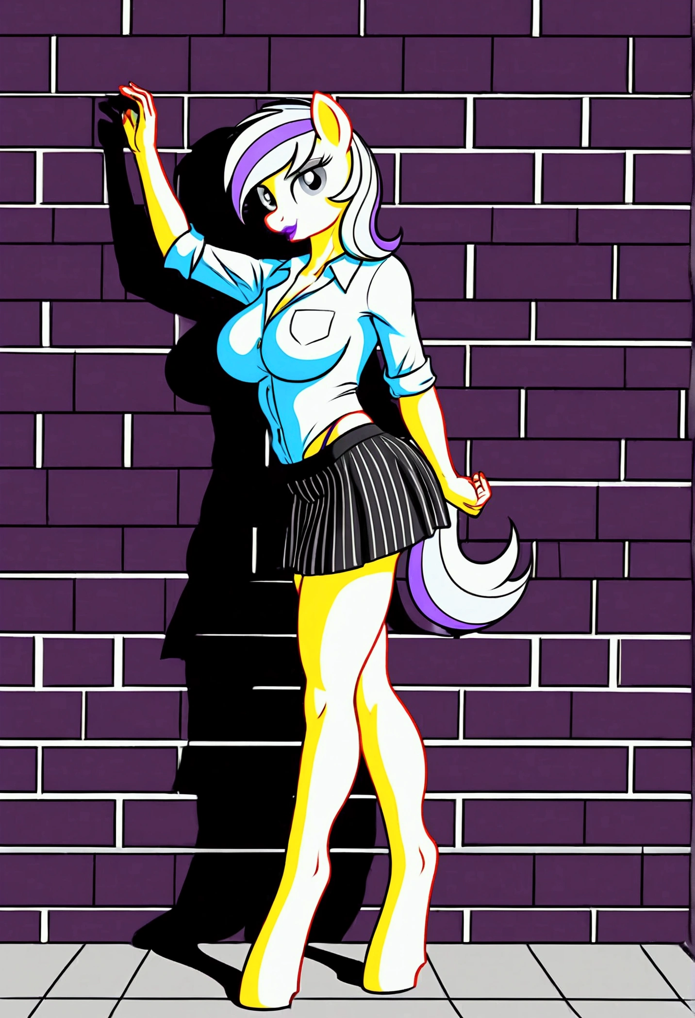 vibrant colors, 8K, high resolution, highly detailed, masterpiece, ((my little pony)), (black striped white hair), (pale white body), (gray eyes), standing, big breasts, beautiful body, purple lips, thong, slave, short patterned skirt, light top, ((slut pose on wall)), street