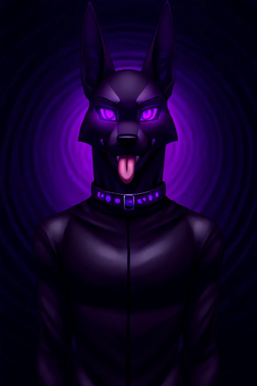 Anubis hellhound standing, tongue out, using a gray latex suit, and a black techno collar, hypnotized with glowing purple eyes without iris or pupils, tongue out, 