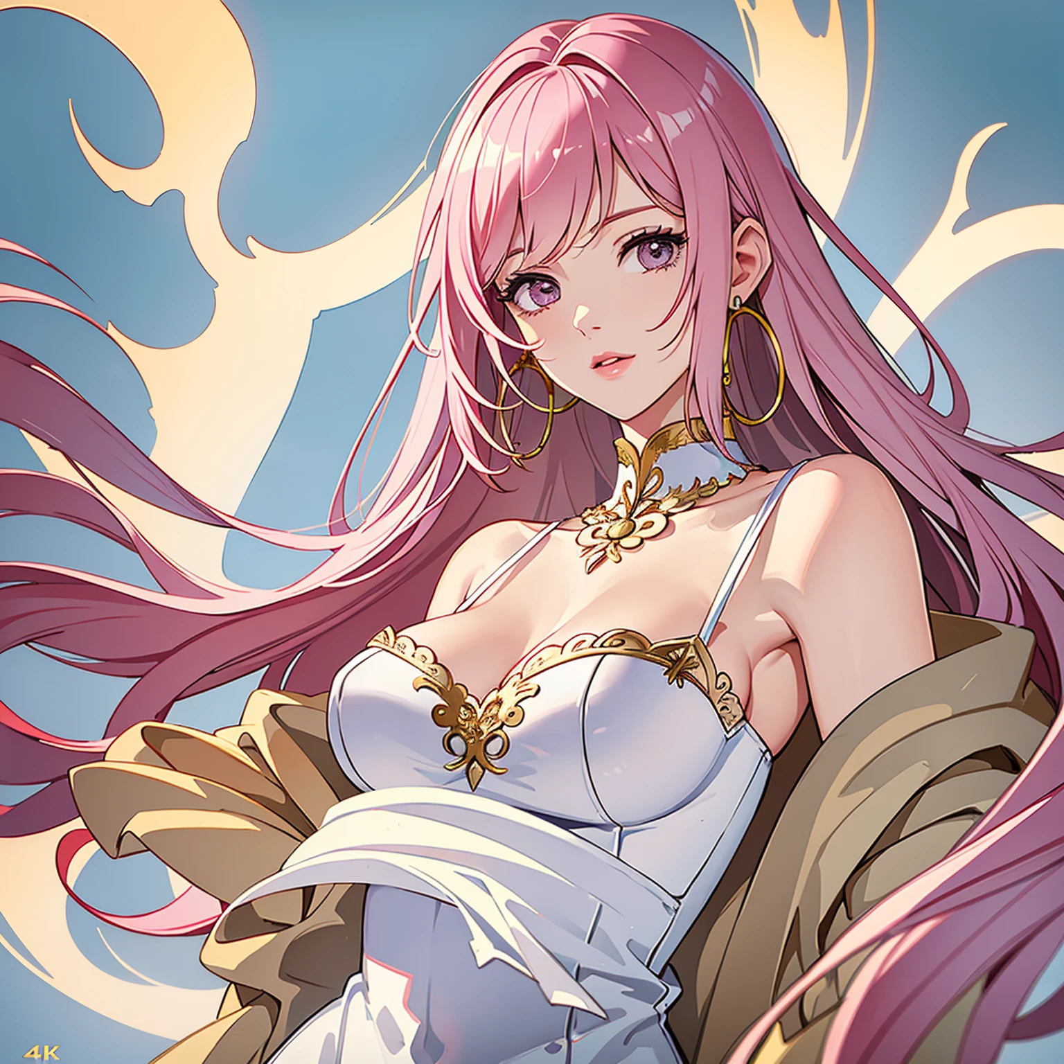 (masterpiece, high quality, best quality, 4k, 8k:1.4), 1girl, solo, pink hair, brown eyes, double-parted bangs, long hair, (mature female, mature:1.2), mole under eye, hoop earrings, white and gold dress, detailed face, beautiful detailed eyes, beautiful detailed lips, extremely detailed face, long eyelashes, intricate details, soft lighting, soft color pallette, perfect anatomy