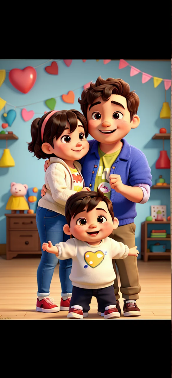 Adorable pair of parents with their chubby-cheeked baby boy, both beaming with joy, dressed in vibrant colors, creating a heartwarming scene of love and happiness.
