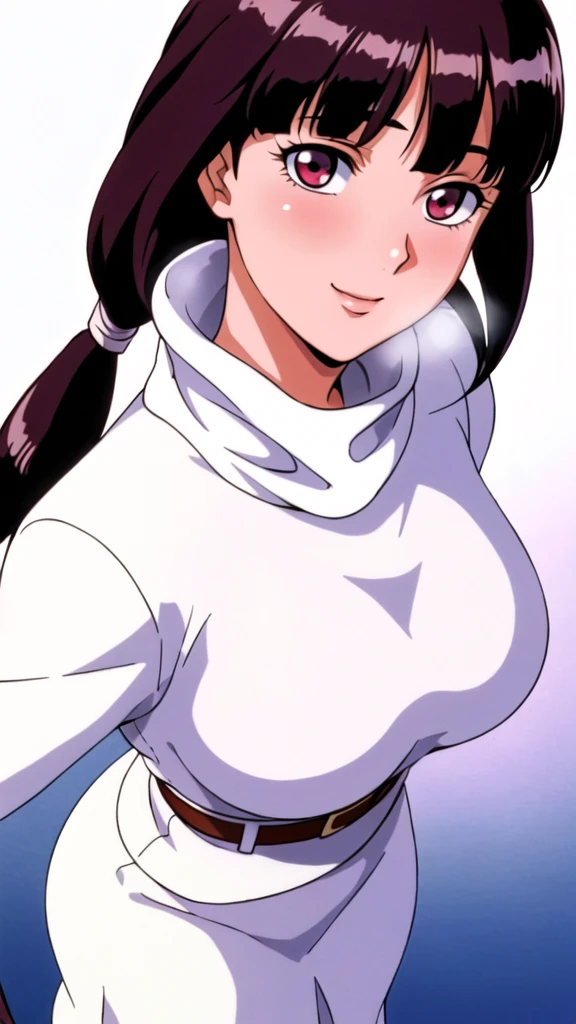 white turtleneck, white shirt,white long skirt,white belt,hair ornament, hair scrunchie,low ponytail,
long hair,bangs, black hair, blunt bangs,big red eyes,alone, 1 girl,Young female, 18 years old, very cute, smile, Beautiful Finger,Beautiful long legs,Beautiful body,Beautiful Nose,Beautiful character design, perfect eyes, perfect face,expressive eyes, looking at viewer, in the center of the image,(light_smile:0.5), official art,extremely detailed CG unity 8k wallpaper, perfect lighting,Colorful, Bright_Front_face_Lighting,shiny skin, (masterpiece:1.0),(best_quality:1.0), ultra high res,4K,ultra-detailed, photography, 8K, HDR, highres, absurdres:1.2, Kodak portra 400, film grain, blurry background, bokeh:1.2, lens flare, (vibrant_color:1.2), (beautiful_face:1.5), (curvy body), ashamed, blushing,