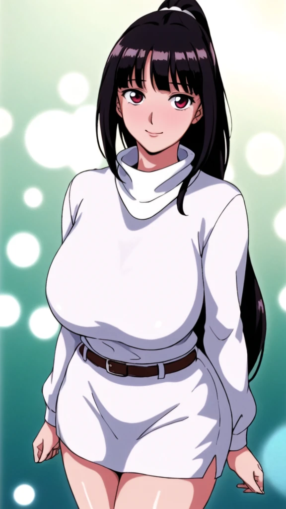 white turtleneck, white shirt,white long skirt,white belt,hair ornament, hair scrunchie,low ponytail,
long hair,bangs, black hair, blunt bangs,big red eyes,alone, 1 girl,Young female, 18 years old, very cute, smile, Beautiful Finger,Beautiful long legs,Beautiful body,Beautiful Nose,Beautiful character design, perfect eyes, perfect face,expressive eyes, looking at viewer, in the center of the image,(light_smile:0.5), official art,extremely detailed CG unity 8k wallpaper, perfect lighting,Colorful, Bright_Front_face_Lighting,shiny skin, (masterpiece:1.0),(best_quality:1.0), ultra high res,4K,ultra-detailed, photography, 8K, HDR, highres, absurdres:1.2, Kodak portra 400, film grain, blurry background, bokeh:1.2, lens flare, (vibrant_color:1.2), (beautiful_face:1.5), (curvy body), ashamed, blushing,