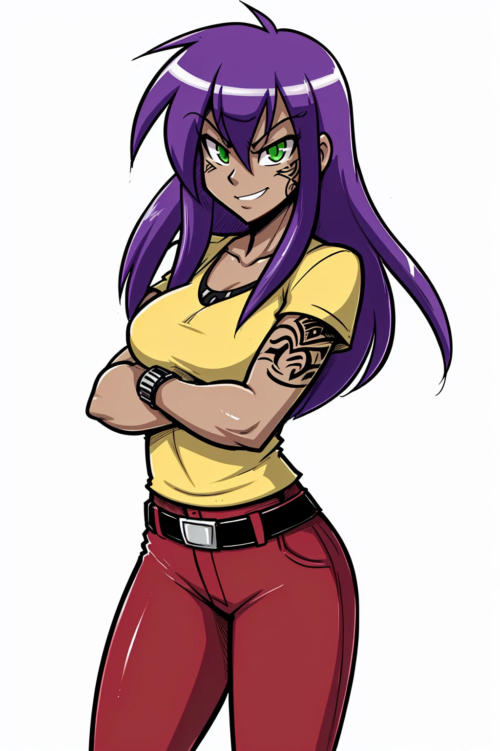 (adult, sketch-ish, 2d, absurdres, best quality, uploaded on e621), (by uc77, by zeekzag, by skidd, by john joseco, by kadath, by bigdad, by shonuff, by scappo), ((white background, no background:1.4)), (waist portrait, manga styled, manga styled eyes, intense pupils, getter robo styled eyes), ((red pants, bermuda pants, knee-length pants:1.4)), ((adult, light dark skin, female, human, spanish, latin:1.2)), (medium straight hair, bright purple hair), (green eyes:1.5), (mischievous and sinister expression, not entirely evil, closed smile, angry eyebrows), [small lipstick], yellow shirt, grey pants or jeans, (fancy weaponized fingernails, tattoos all over arms up to the wrist of the hands, glowing purple nails, tattoos on face), crossed arms
