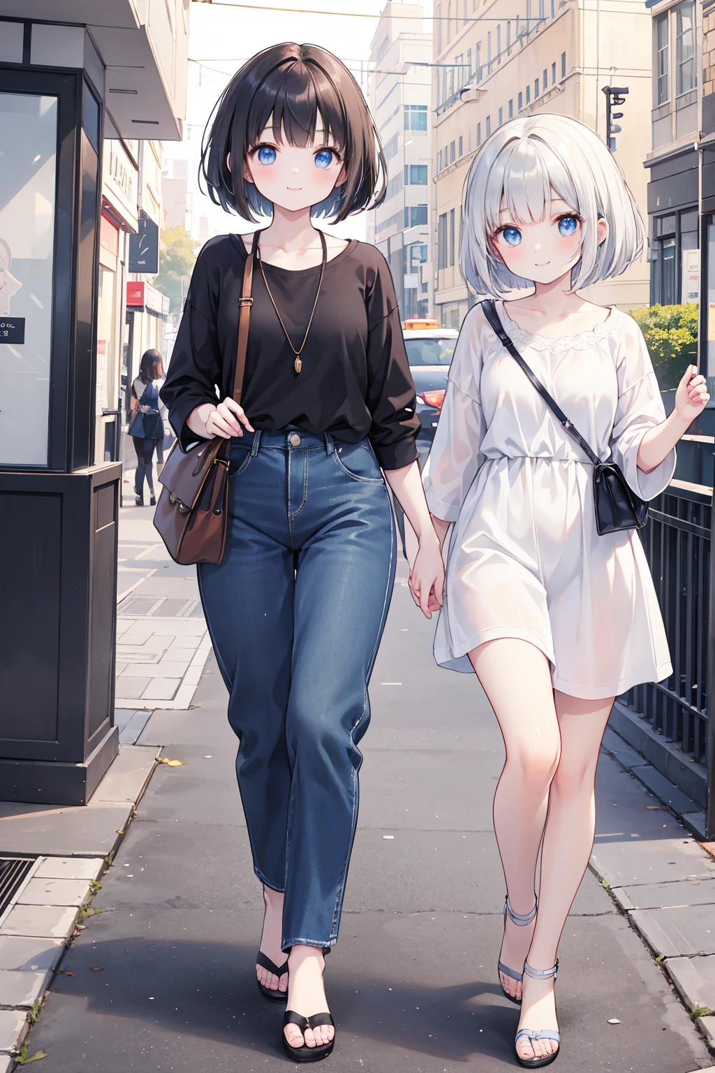 Photorealistic、Highest quality、Highest Resolution、Highest quality、16Ｋ、Beautiful woman、cute、beautiful、Bob Cut Hair、Dark Hair、Pale blue eyes、Casual clothing、smile、Smile、sunny、Walking around the city、