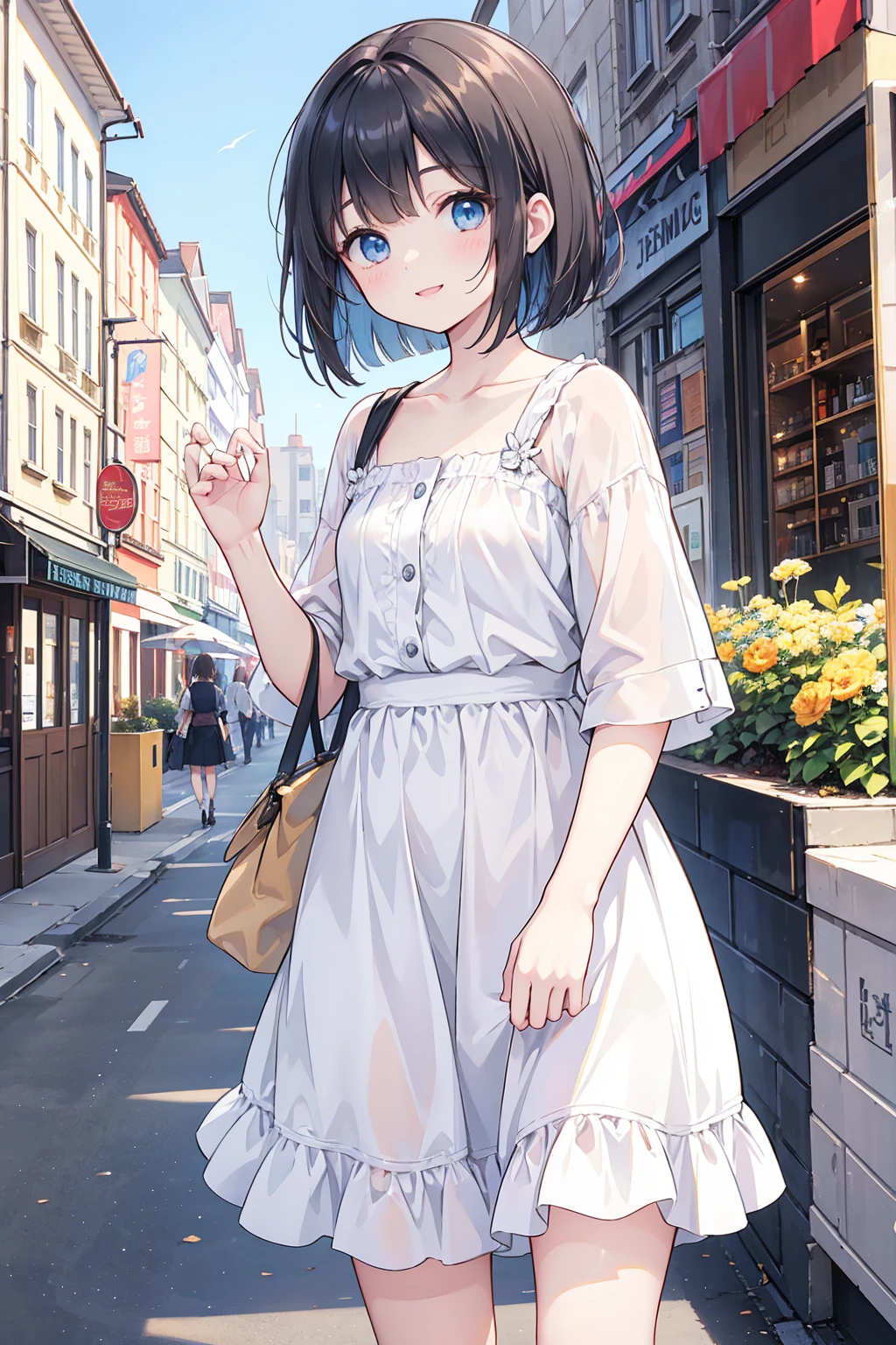 Photorealistic、Highest quality、Highest Resolution、Highest quality、16K、Beautiful woman、cute、beautiful、Bob Cut Hair、Dark Hair、Pale blue eyes、Casual clothing、smile、Smile、sunny、Walking around the city、