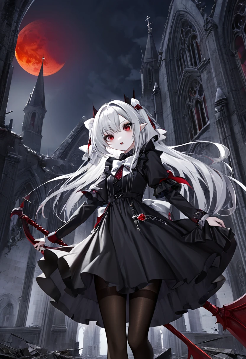 1 ager girl, vampire, elf, young, black gothic dress, black tights, red eyes, white hair with bow, red scythe, scythe, against the backdrop of the red moon, abandoned gothic church, night, looking at viewer, majestic pose, 8k, masterpiece, high res, ultrasharp