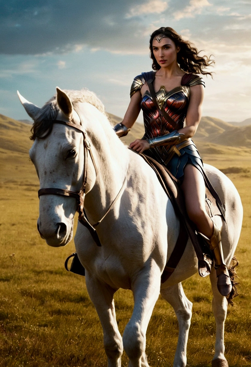 Gal Gadot a female centaur. fantasy setting. On a wide plain.