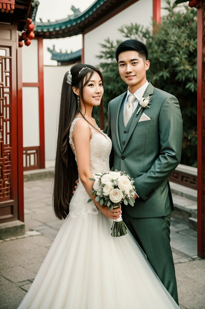 Wedding couple tall boy brown eyes straight hair girl green eyes Chinese hair