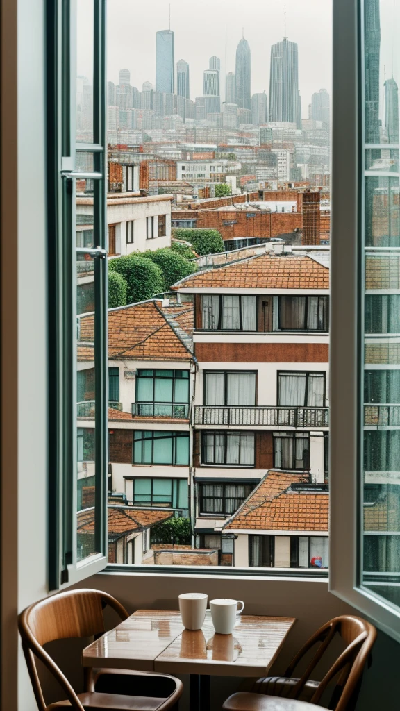 rain,Inside the cafe,View from the window,A broader perspective,Chic cityscape,busy