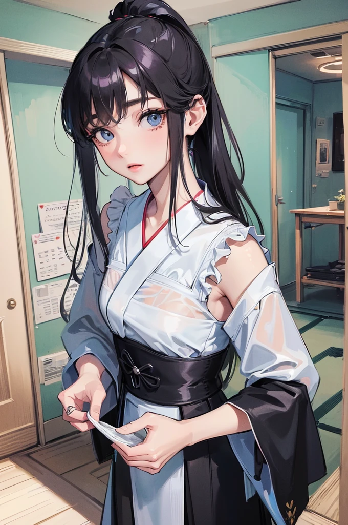 woman,Large, full breasts,Slim body,Transparent dress,Low-cut tube top,High Ponytail,Colorful hair,Suit,black,blue eyes,Well-proportioned body,Korean woman,Realism,comics,(masterpiece,Highest quality,Ultra-high resolution),,(ultra best illustration), (best shadow),high quality,(ultra detailed:1.15),hyper detailed,insanely detailed, exquisite,beautiful,absurdres,1 woman,Japanese women,(house wife:1.5),(40 years old:1.3),(middle-aged:1.49),(Small and round face:1,19),medium skin,shiny skin,detailed skin,detailed face,beautiful breasts,small breasts,Retinal Detail,side part,straight hair,long hair, Casual, simple blouse,V-neckline,knee-length skirt, blouse in bright colors,pastel shades,(((entrances interior,entrances room)))